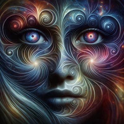 The primary subject of the image is a woman's face, which is the main focus of the image. The setting is a colorful and artistic background, which adds to the visual style of the image. The colors and mood of the image are vibrant and lively, with a sense of creativity and imagination. The overall atmosphere of the image is one of beauty and artistic expression.